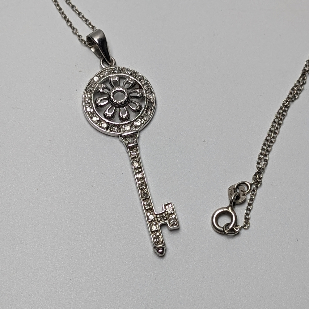 Vintage Sterling Silver Marsala Italy Full Pave Natural Diamond Key Necklace 19"